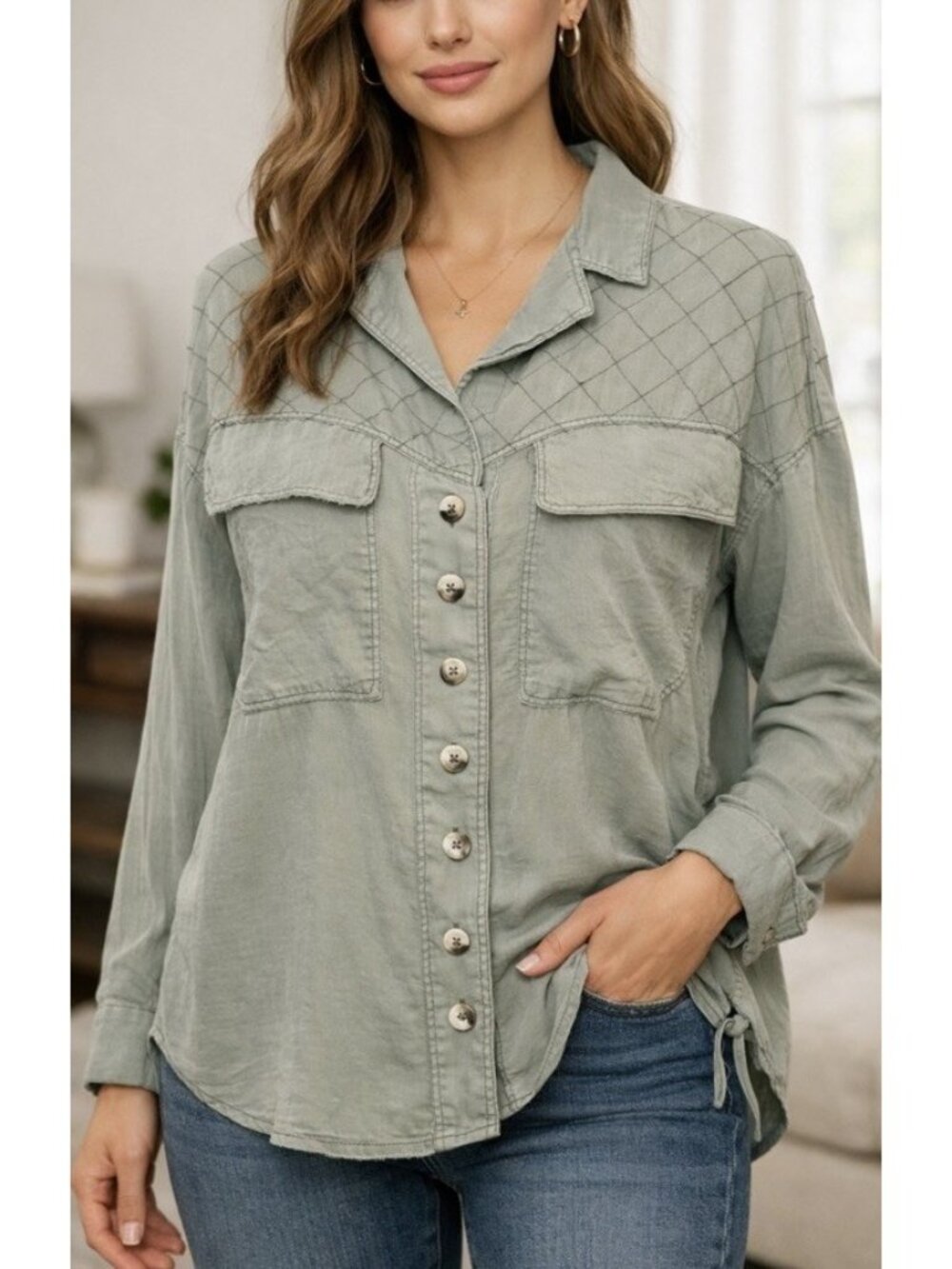 We The Free X Free People Sage Green Quilted Tunic Top Blouse SZ Small Oversized